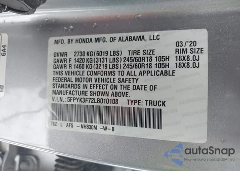 2020 Honda Ridgeline Rtl-E from USA, damaged, VIN 5FPYK3F72LB010108